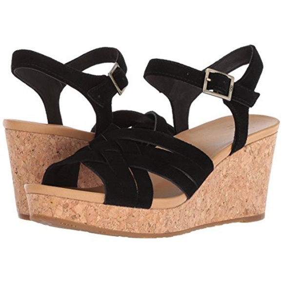 UGG Uma Black Suede Leather Cork Wedge Platform Heels Sandal Ankle Strap 9.5 - Picture 9 of 16
